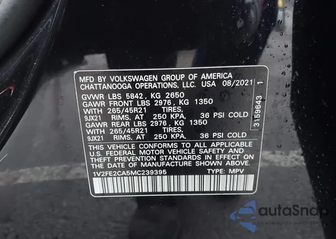 2021 Volkswagen Atlas Cross Sport 3.6L V6 Sel Premium R-Line from USA, damaged, VIN 1V2FE2CA5MC239395